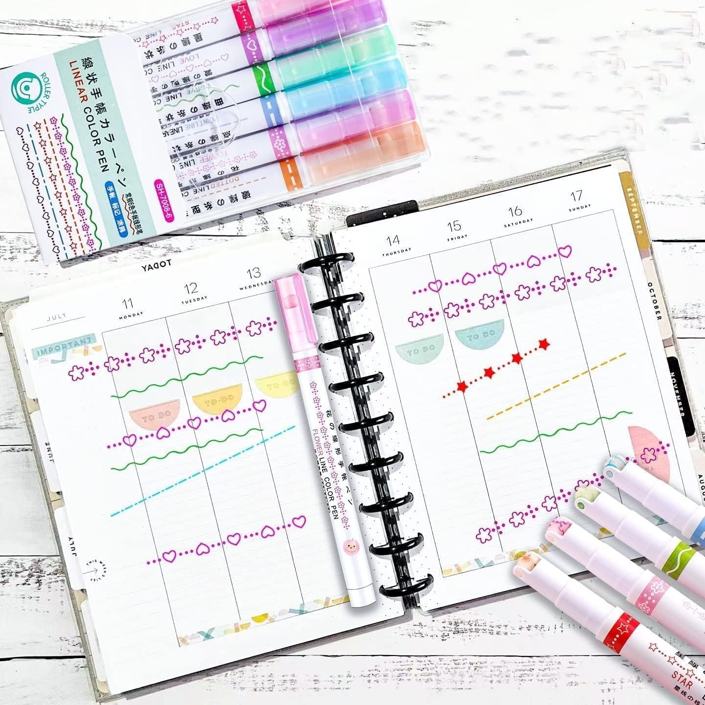 Linear Roller Curve Highlighter Pens - 6 Vibrant Colors with Unique Pattern Shapes | Creative Markers Set