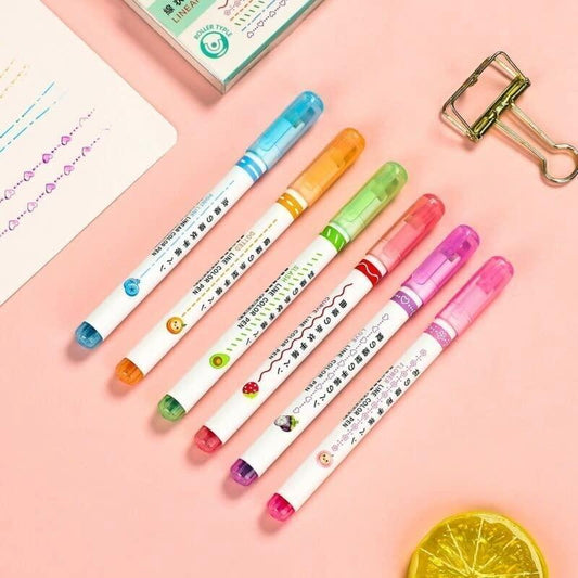 Linear Roller Curve Highlighter Pens - 6 Vibrant Colors with Unique Pattern Shapes | Creative Markers Set