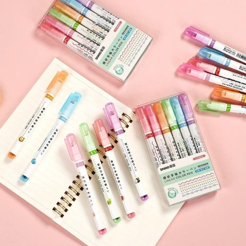 Linear Roller Curve Highlighter Pens - 6 Vibrant Colors with Unique Pattern Shapes | Creative Markers Set
