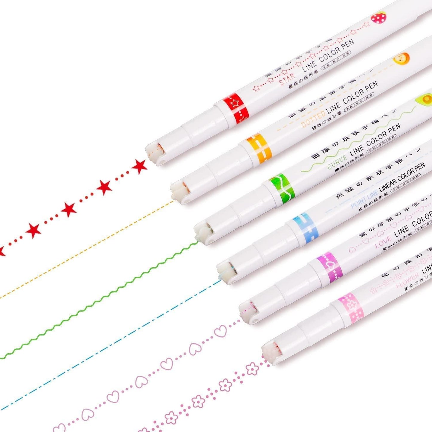 Linear Roller Curve Highlighter Pens - 6 Vibrant Colors with Unique Pattern Shapes | Creative Markers Set