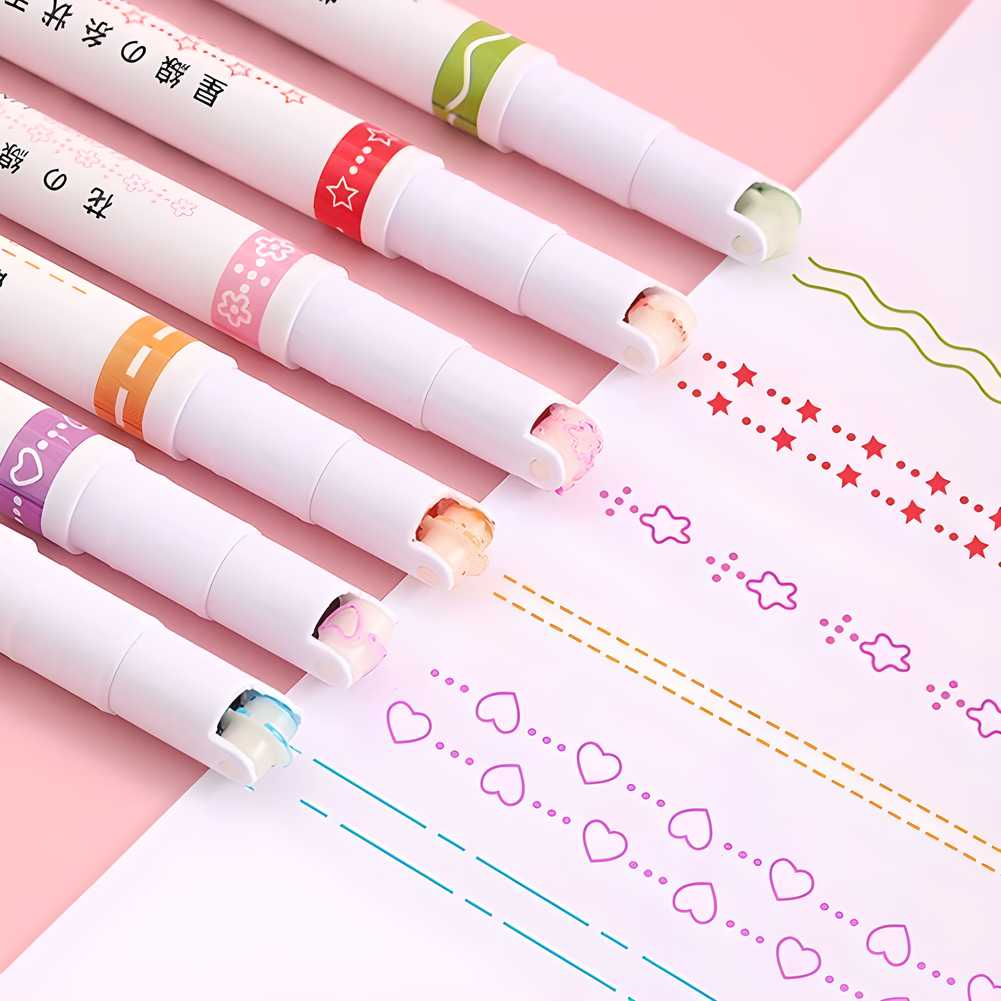 Linear Roller Curve Highlighter Pens - 6 Vibrant Colors with Unique Pattern Shapes | Creative Markers Set